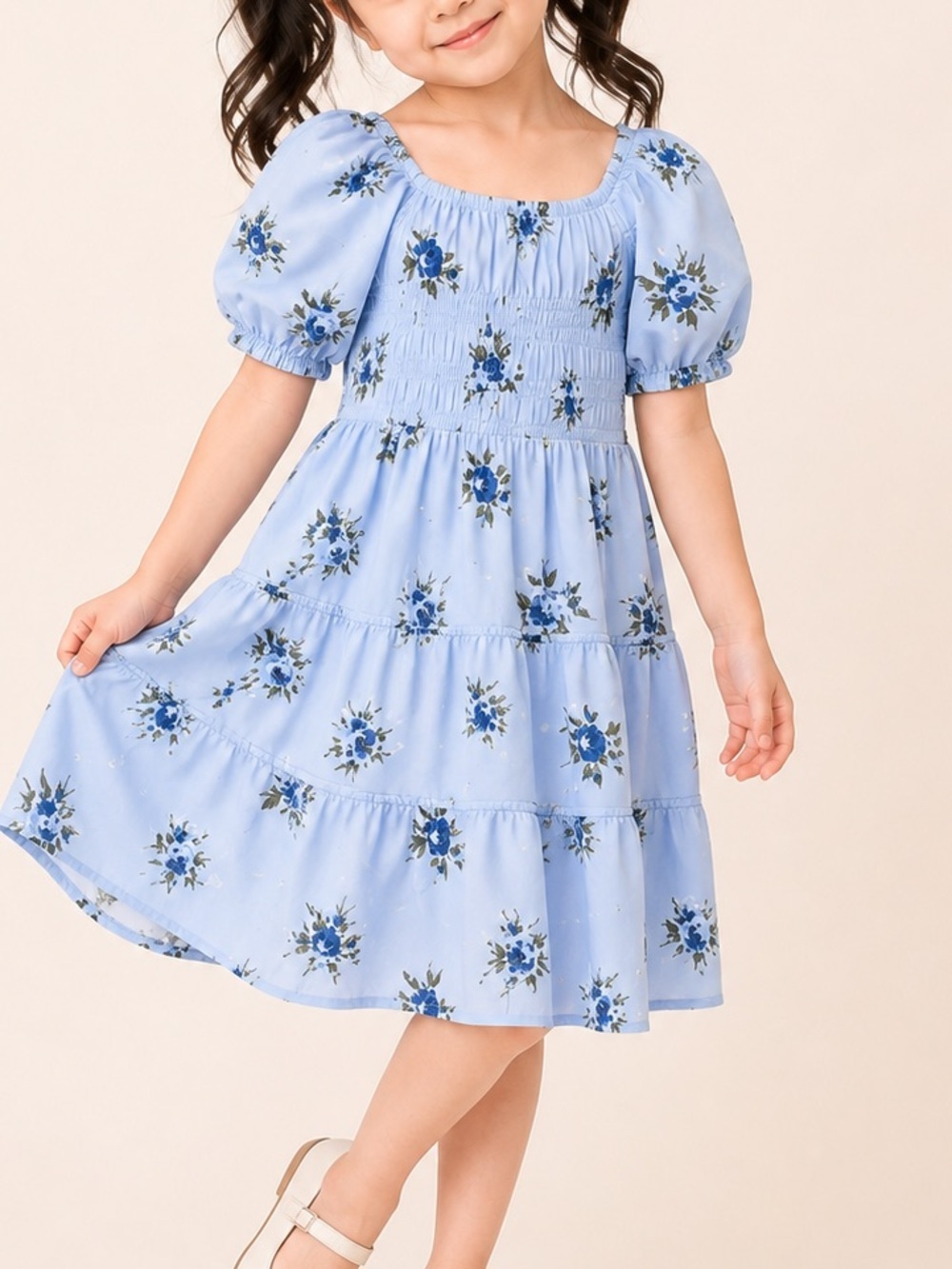 CHILDREN’S PLACE Like New Blue Floral Milkmaid Dress Off Shoulder 5-6 Y